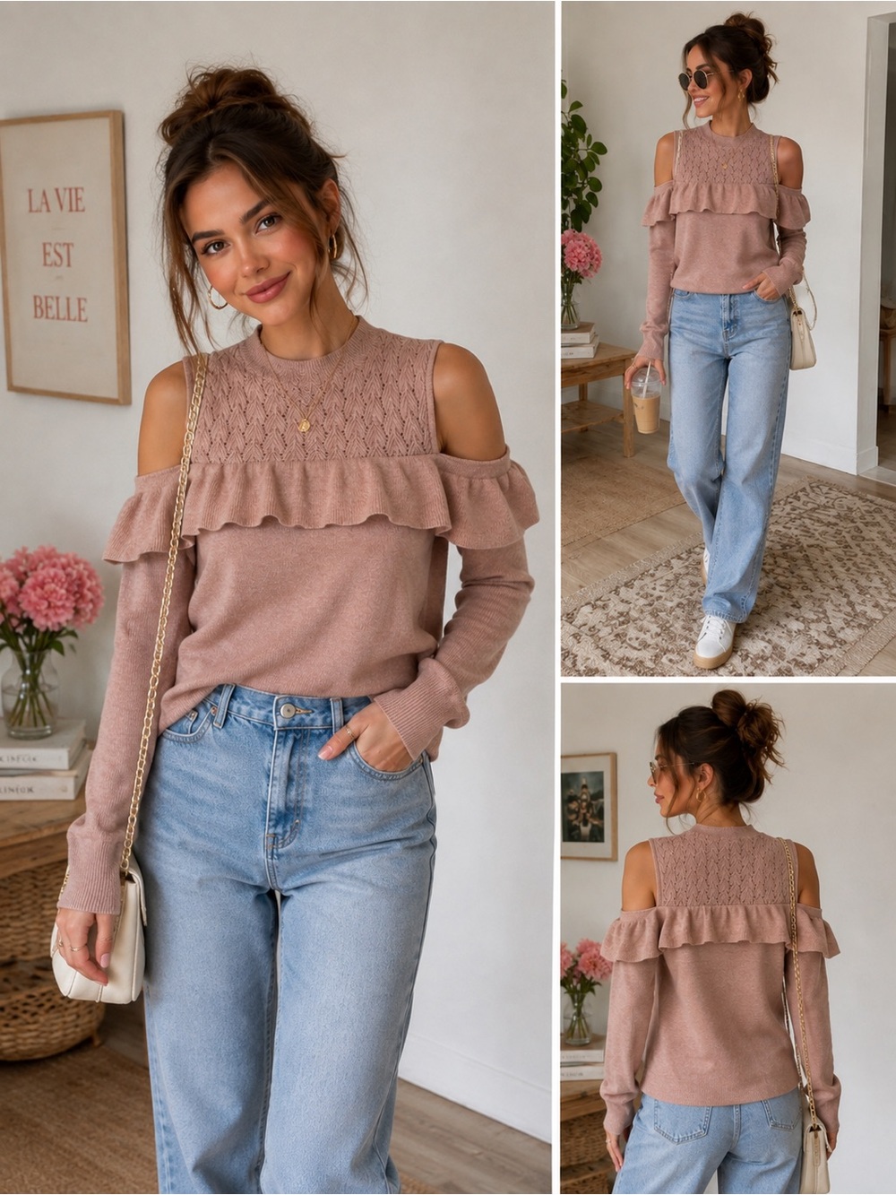 Pink Knit Sweater with Ruffle Detail